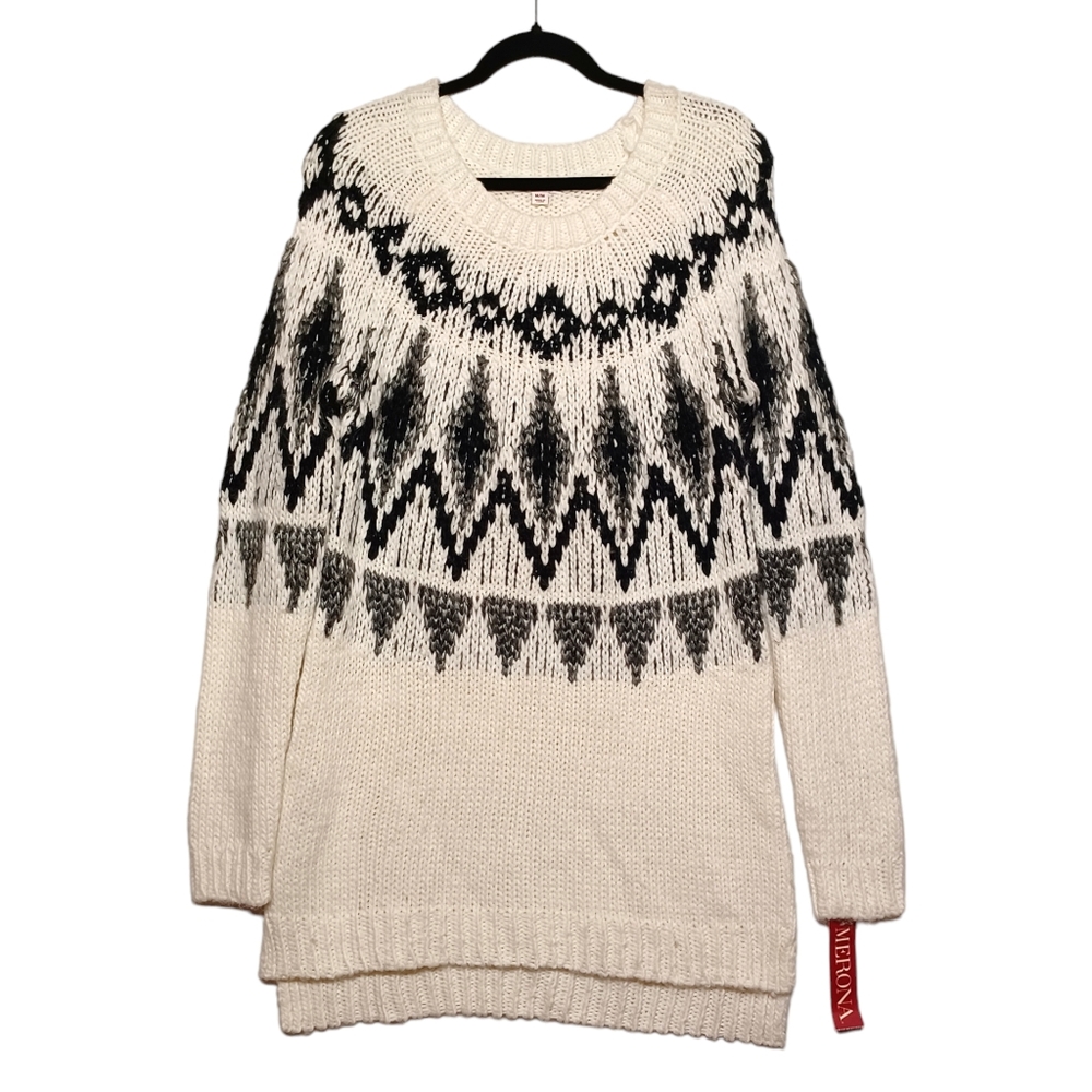 MERONA Cream Gray Black Chevron Tribal Geometric Print Long Sleeve Tunic Top NWT